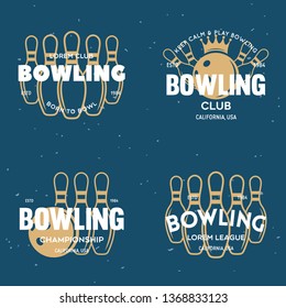 Set of vector vintage monochrome style bowling logo, icons and symbol. Bowling ball and bowling pins illustration. Trendy design elements, isolated illustration.