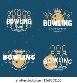 Set of vector vintage monochrome style bowling logo, icons and symbol. Bowling ball and bowling pins illustration. Trendy design elements, isolated illustration.
