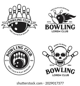 Set of vector vintage monochrome style bowling logo, icons and symbol. Bowling ball and bowling pins silhouettes. Trendy design elements, isolated vector illustration.