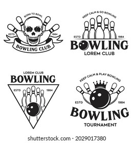 Set of vector vintage monochrome style bowling logo, icons and symbol. Bowling ball and bowling pins silhouettes. Trendy design elements, isolated vector illustration.