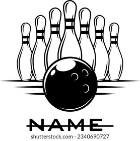 Set of vector vintage monochrome style bowling logo, icons and symbol. Bowling ball and bowling pins illustration.