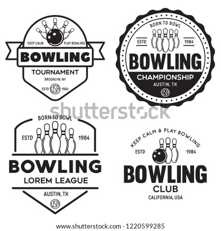 Set of vector vintage monochrome style bowling logo, icons and symbol. Bowling ball and bowling pins silhouettes. Trendy design elements, isolated vector illustration.
