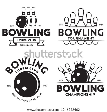 Set of vector vintage monochrome style bowling logo, icons and symbol. Bowling ball and bowling pins illustration. Trendy design elements, isolated illustration.