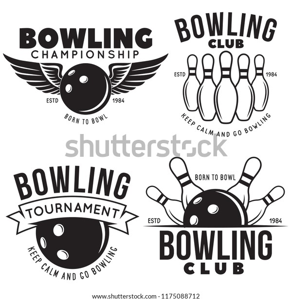 Set of vector vintage\
monochrome style bowling logo, icons and symbol. Bowling ball and\
bowling pins illustration. Trendy design elements, isolated on\
white background.
