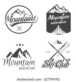 Set of vector vintage mountain themed logos. "Ski club" badge, mountain adventure labels.