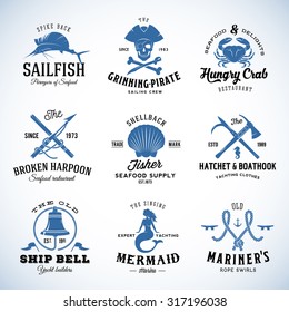 Set of Vector Vintage Nautical and Marine Labels, Signs or Logo Templates. Can be Divided into Separate Design Elements. Great for Posters, Flayers, Menu, etc. With Retro Typography. Isolated.