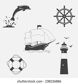 Set of vector vintage patterns on nautical theme. Icons and design elements.