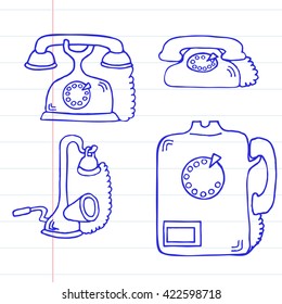 The set of vector vintage phones. Doodle illustration.