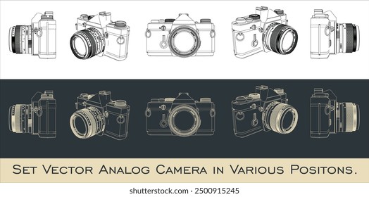 set vector Vintage Photo Camera Outline Illustrations isolated in transparent background