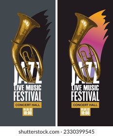 set Vector vintage posters for jazz festival of live music with  wind instrument trumpet and inscriptions. Music banner, flyer, invitation, ticket in retro style