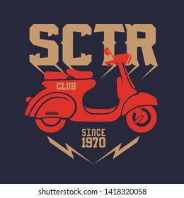 Set vector vintage scooter and badges, sign, icon and isolated silhouettes. retro bikers garage repair service - Vector