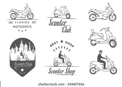 Set vector vintage scooter and motorcycle logos, badges, sign, icon and isolated silhouettes. Collection hand drawn equipments, retro bikers garage repair service