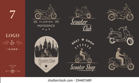 Set vector vintage scooter and motorcycle logos, badges, sign, icon and isolated silhouettes. Collection hand drawn equipments, retro bikers garage repair service