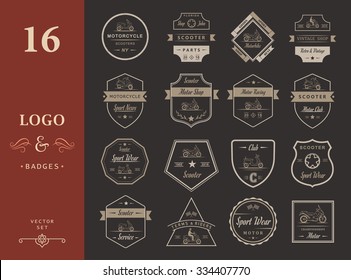 Set vector vintage scooter and motorcycle logos, badges, sign, icon and isolated silhouettes. Collection hand drawn equipments, retro bikers garage repair service