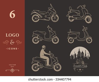 Set vector vintage scooter and motorcycle logos, badges, sign, icon and isolated silhouettes. Collection hand drawn equipments, retro bikers garage repair service