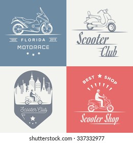 Set vector vintage scooter and motorcycle logos, badges, sign, icon and isolated silhouettes. Collection hand drawn equipments, retro bikers garage repair service