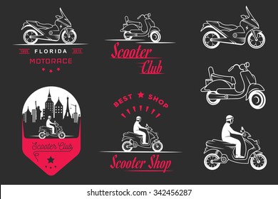 Set vector vintage scooter and motorcycle logos, badges, sign, icon and isolated silhouettes. Collection hand drawn equipments, retro bikers garage repair service