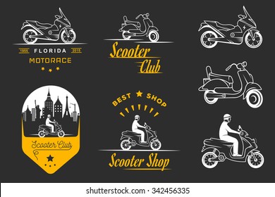 Set vector vintage scooter and motorcycle logos, badges, sign, icon and isolated silhouettes. Collection hand drawn equipments, retro bikers garage repair service