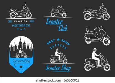 Set vector vintage scooter and motorcycle logos, badges, sign, icon and isolated silhouettes. Collection hand drawn equipments, retro bikers garage repair service