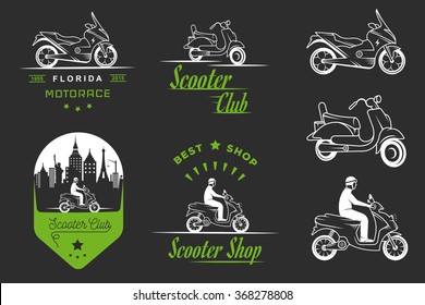 Set vector vintage scooter and motorcycle logos, badges, sign, icon and isolated silhouettes. Collection hand drawn equipments, retro bikers garage repair service