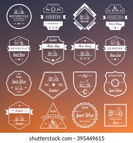 Set vector vintage scooter and motorcycle logos, badges, sign, icon and isolated silhouettes. Collection hand drawn equipments, retro bikers garage repair service