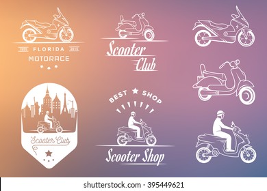 Set vector vintage scooter and motorcycle logos, badges, sign, icon and isolated silhouettes. Collection hand drawn equipments, retro bikers garage repair service