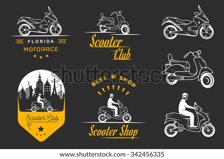 Set vector vintage scooter and motorcycle logos, badges, sign, icon and isolated silhouettes. Collection hand drawn equipments, retro bikers garage repair service