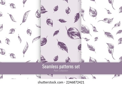 Set of vector vintage seamless patterns with many small hand drawn leaves. Drawing on paper. Trendy botanical prints in pastel colors. Decorative art elements for packaging layout design, textile.