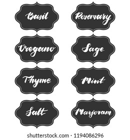 Set of vector vintage stickers. Labels with names of herbs and spices for kitchen jars or containers on black background. Hand drawn elements for your design. Graphic illustration