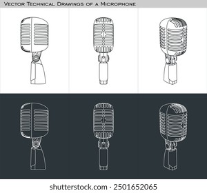 set Vector vintage style microphone. blueprint technical wireframe line drawing outline  isolated on white background