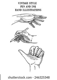 Set of vector vintage style pen and ink hand illustrations showing hands reaching, writing and thumbs up signal. 