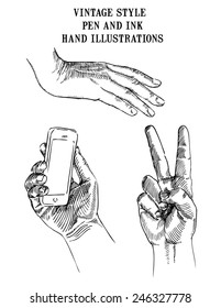 Set of vector vintage style pen and ink hand illustrations.