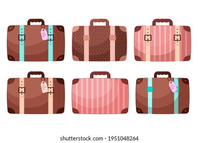 Conjunto de maletas vectoriales. Equipaje retro para viajar. Bolsos marrones al estilo de las caricaturas. Aislado sobre fondo blanco
