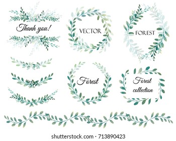 set vector Vintage template, Watercolor invitation design with forest herbs, eucalyptus . background with botanical elements for text, watercolor illustration. wreath, round frame 