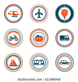 Set of vector vintage transportation stamps icons - helicopter, airplane, air balloon, bicycle, ferry, truck, yacht, bus and car