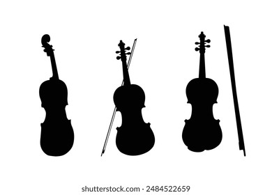 Conjunto de violines de Vector y arcos: Imágenes oscuras sobre un fondo blanco. Un conjunto único de siluetas de Vector de violines con y sin arcos, adecuado para su uso en una amplia variedad de proyectos de diseño.