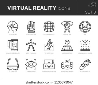 Set of vector virtual reality icons. Icons are in flat / line design with elements for mobile concepts and web apps. Collection of modern infographic logos and pictograms.