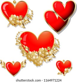 A set of vector volumetric hearts with gold flowers as an element for the design of cards and Valentines.