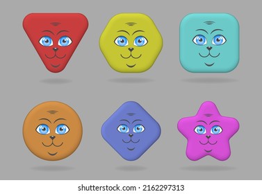 A set of vector volumetric simple colored icons. Different geometric shapes with a cute smiling face. Figures circle, rhombus, star, square, triangle and hexagon