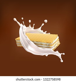 Set, vector wafers with cream, into milk splash in a realistic style, isolated on a Chocolate background.