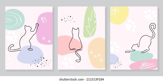 Set von Vektorwandkunst-Zeichnung mit Katzen in einem einzeiligen Stil und abstrakten Formen in Pastellfarben. 
Design für Print, Cover, minimalistische und natürliche Wandkunst, für Schlafzimmer oder Kinderzimmer.