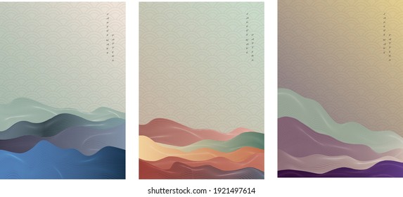 set of vector wall art, Hills and mountain scene oriental landscape,Asian traditional ornaments and shape