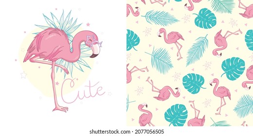 Set of vector wallpapers set of seamless patterns with images of flamingos