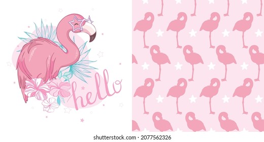 Set of vector wallpapers set of seamless patterns with images of flamingo