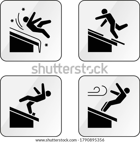 Set of vector warning signs about the danger of falling from the rooftop and other open areas at height. Be careful when working at height.