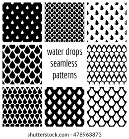 Set of vector water drops seamless patterns in black and white. Collection of monochrome rain background