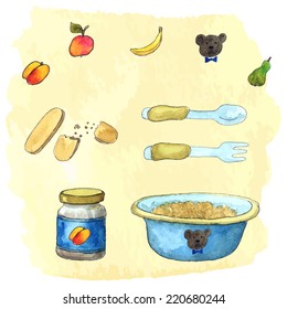 Set of vector watercolor baby feeding things, cookies and stickers on the bowl and puree bottle