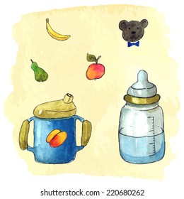 Set Of Vector Watercolor Baby Feeding Things Including Feeding Bottle And Non-spill Cup. Also There Are Five Small Stickers To Vary The Look Of The Cup.
