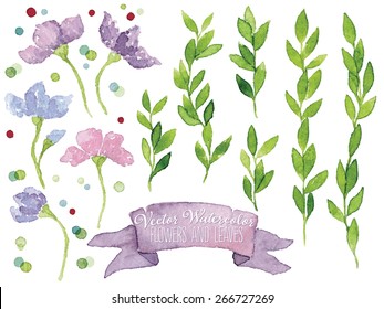 Set of vector watercolor botanical elements. Watercolor floral set. Blue and pink flowers, violet ribbon, green leaves and colorful dots. Great for wedding cards, invitations and greeting cards.