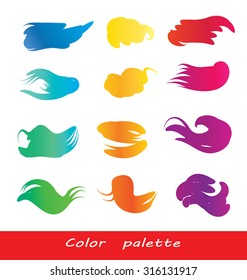Set of vector watercolor brush strokes - full color wheel palette on 12 different strokes shapes. Gradient paint. Graded wash. Artistic collection of design elements. Isolated on white. Eps 10.